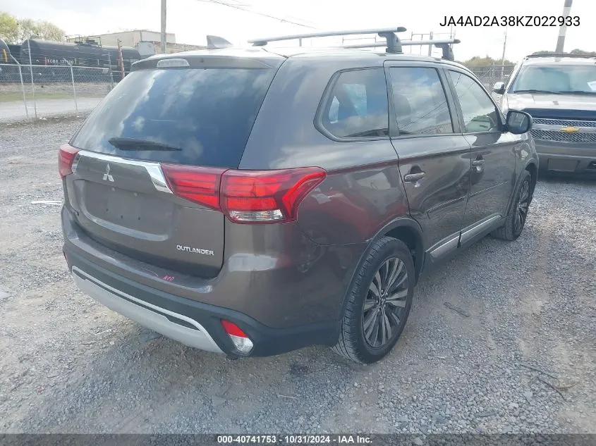 2019 Mitsubishi Outlander Es VIN: JA4AD2A38KZ022933 Lot: 40741753