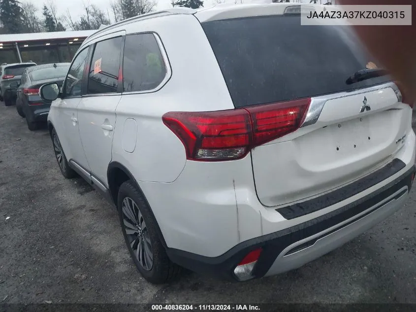 2019 Mitsubishi Outlander Sel VIN: JA4AZ3A37KZ040315 Lot: 40836204