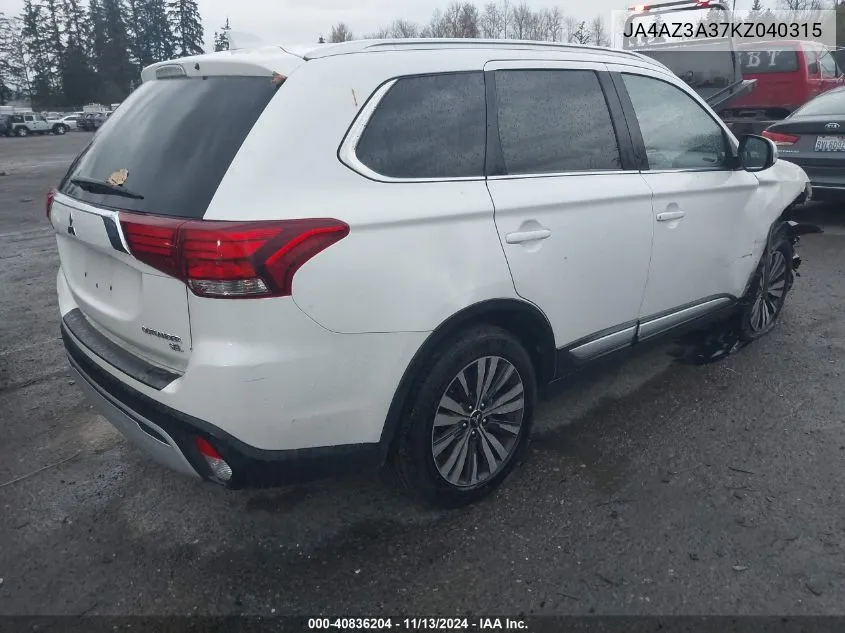 2019 Mitsubishi Outlander Sel VIN: JA4AZ3A37KZ040315 Lot: 40836204