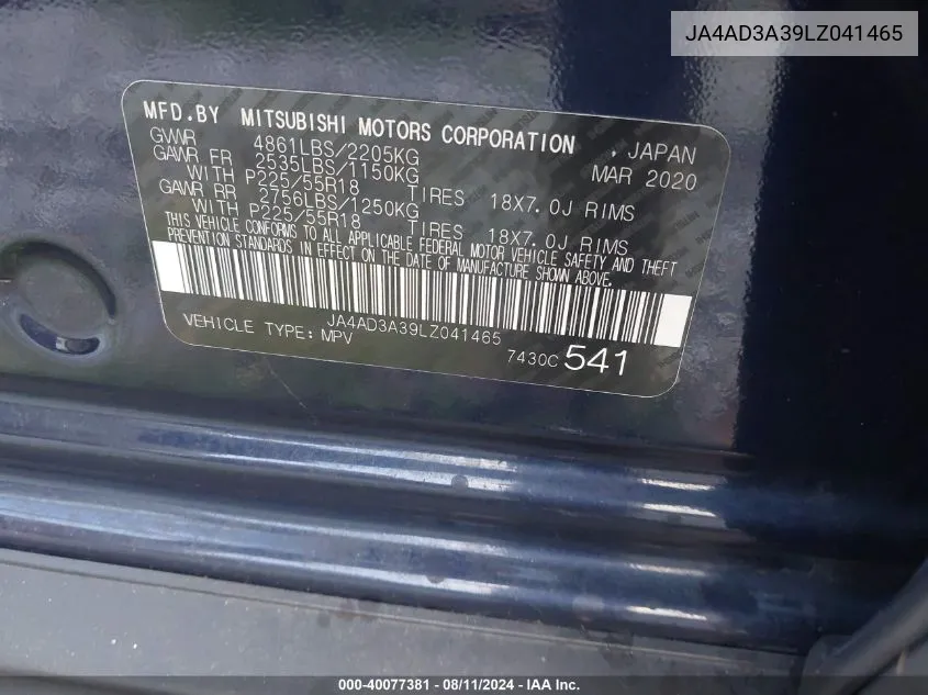 JA4AD3A39LZ041465 2020 Mitsubishi Outlander Sel 2.4