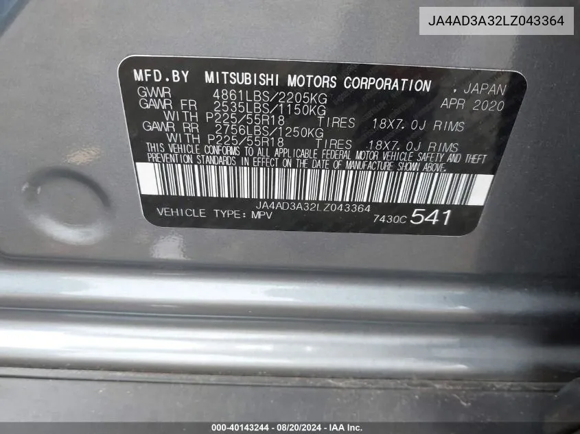 JA4AD3A32LZ043364 2020 Mitsubishi Outlander Se/Sel/Le