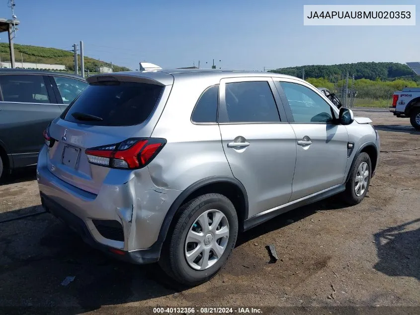 2021 Mitsubishi Outlander Sport 2.0 Be 2Wd/2.0 Es 2Wd/2.0 Le 2Wd/2.0 S 2Wd VIN: JA4APUAU8MU020353 Lot: 40132356