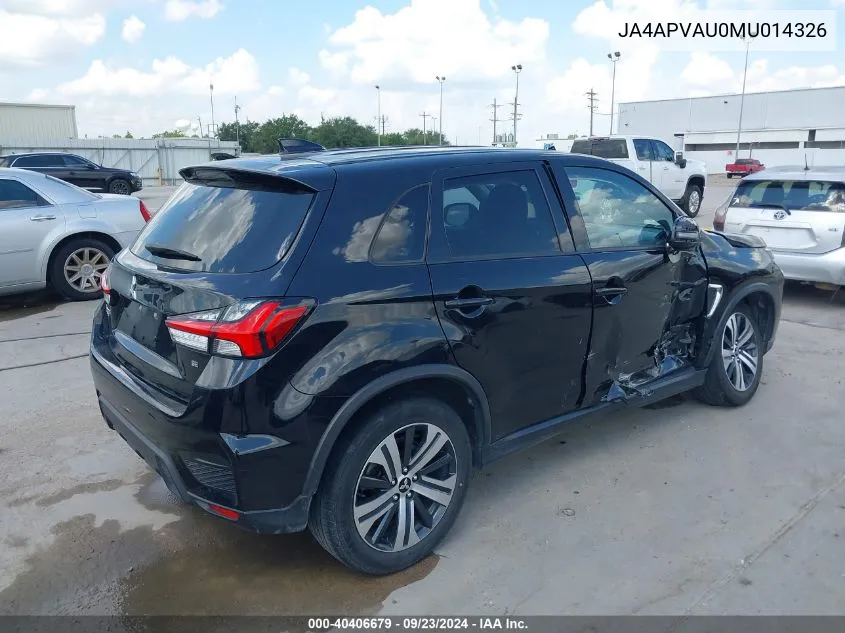 2021 Mitsubishi Outlander Sport Se VIN: JA4APVAU0MU014326 Lot: 40406679