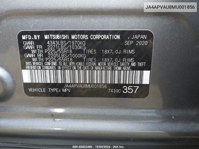 2021 Mitsubishi Outlander Sport Se VIN: JA4APVAU8MU001856 Lot: 40503490