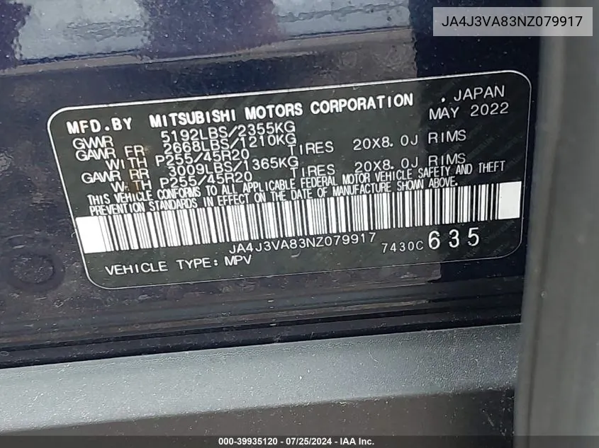 JA4J3VA83NZ079917 2022 Mitsubishi Outlander Sel Special Edition 2Wd