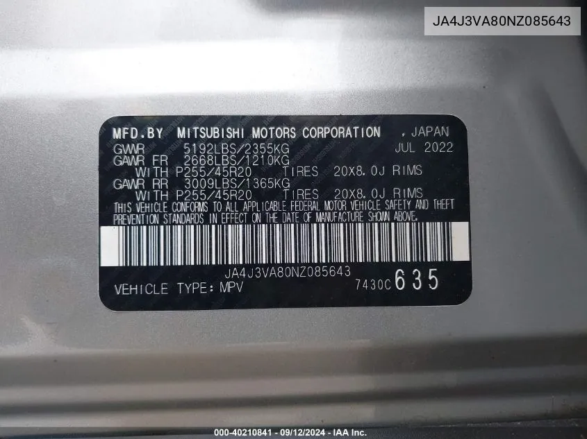 JA4J3VA80NZ085643 2022 Mitsubishi Outlander Sel/Sel Special Edition