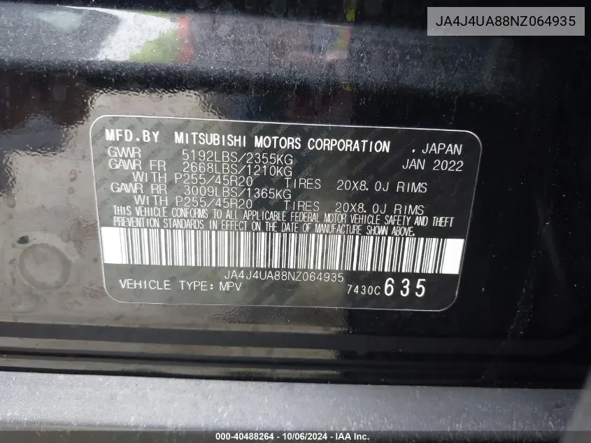 2022 Mitsubishi Outlander Se/Black Edition VIN: JA4J4UA88NZ064935 Lot: 40488264