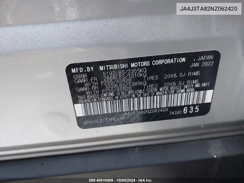 2022 Mitsubishi Outlander Es VIN: JA4J3TA82NZ062420 Lot: 40510409