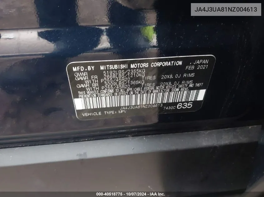 2022 Mitsubishi Outlander Se/Black Edition VIN: JA4J3UA81NZ004613 Lot: 40518775