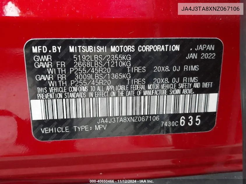 2022 Mitsubishi Outlander Es 2.5 2Wd VIN: JA4J3TA8XNZ067106 Lot: 40850466