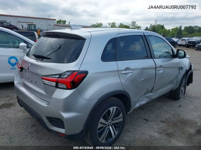 2024 Mitsubishi Outlander Sport 2.0 Es Awc/2.0 Le Awc/2.0 Ralliart Awc/2.0 S Awc/2.0 Se Awc/2.0 Trail Edition Awc VIN: JA4ARUAU0RU007792 Lot: 40183648