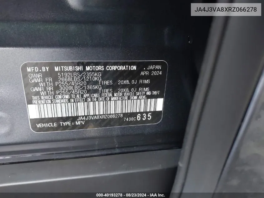 JA4J3VA8XRZ066278 2024 Mitsubishi Outlander Se 2.5 2Wd