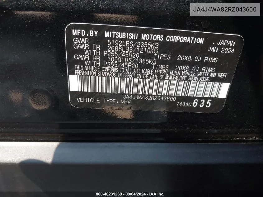 2024 Mitsubishi Outlander Sel 2.5 S-Awc VIN: JA4J4WA82RZ043600 Lot: 40231269