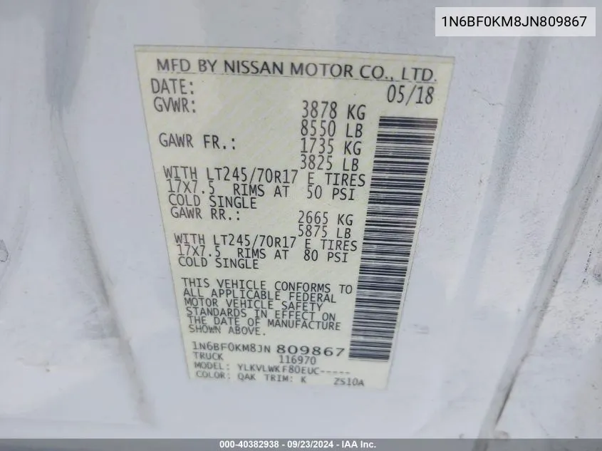 1N6BF0KM8JN809867 2018 Nissan Nv Cargo Nv1500 S V6