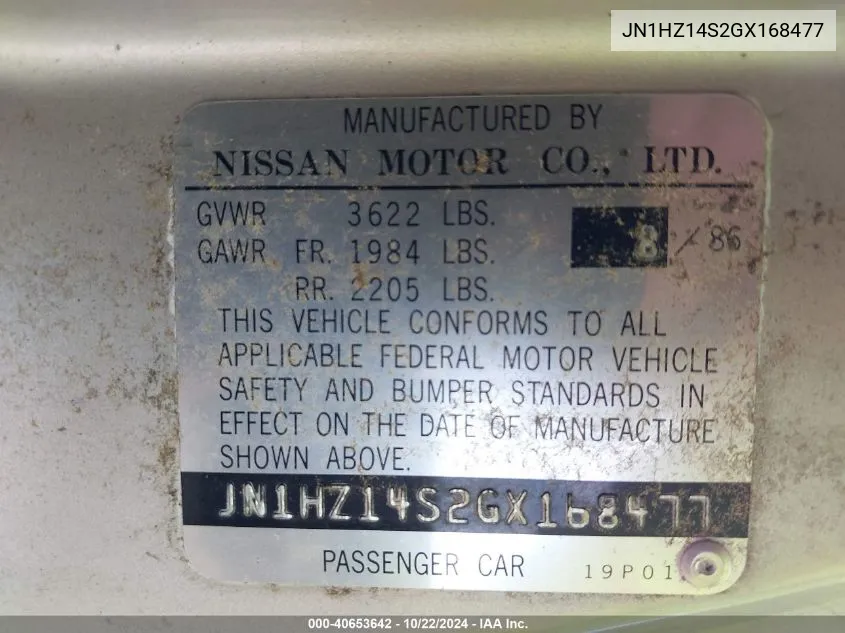 1986 Nissan 300Zx VIN: JN1HZ14S2GX168477 Lot: 40653642