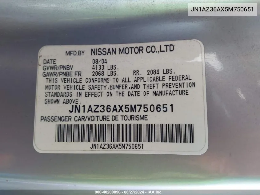 2005 Nissan 350Z Touring VIN: JN1AZ36AX5M750651 Lot: 40209896