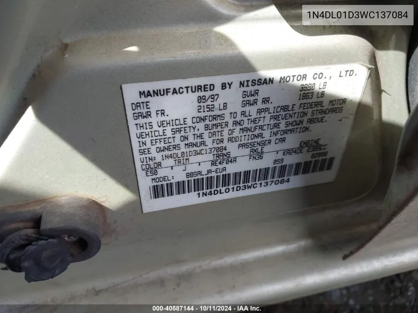 1N4DL01D3WC137084 1998 Nissan Altima Gle/Gxe/Se/Xe