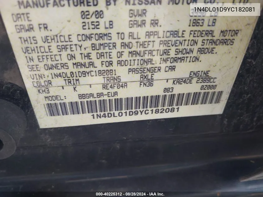 1N4DL01D9YC182081 2000 Nissan Altima Gle/Gxe/Se/Xe