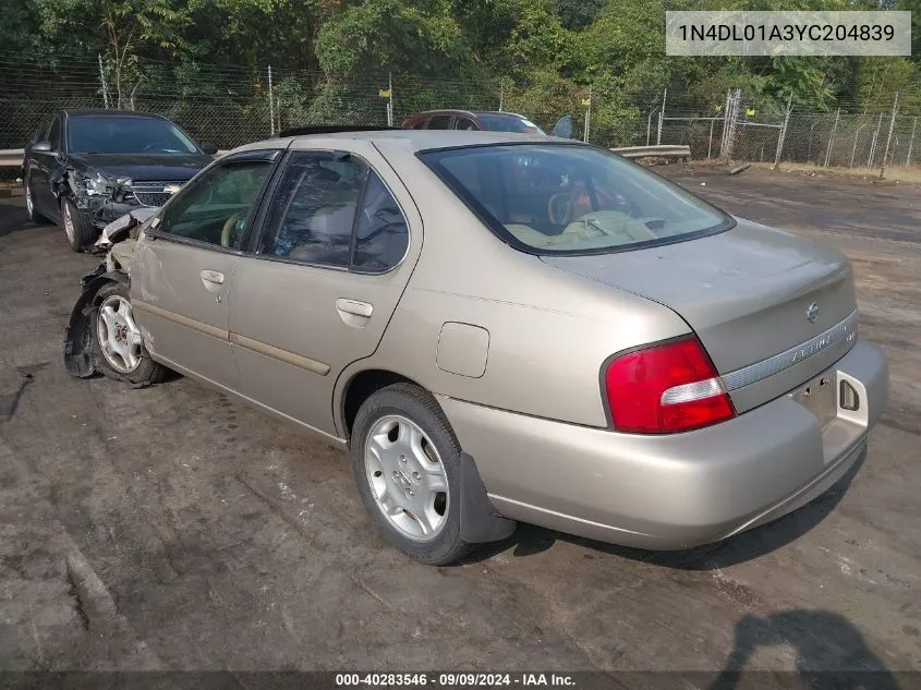 2000 Nissan Altima Gle/Gxe/Se VIN: 1N4DL01A3YC204839 Lot: 40283546