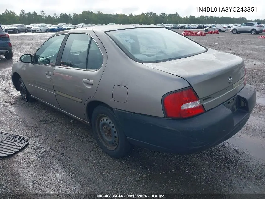 2000 Nissan Altima Xe/Gxe/Se/Gle VIN: 1N4DL01A3YC243351 Lot: 40335644