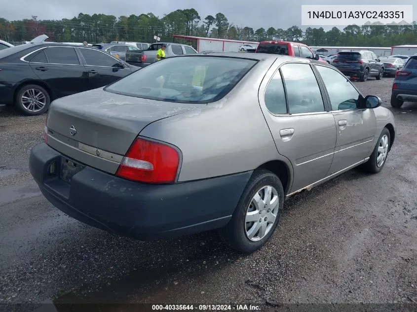 2000 Nissan Altima Xe/Gxe/Se/Gle VIN: 1N4DL01A3YC243351 Lot: 40335644