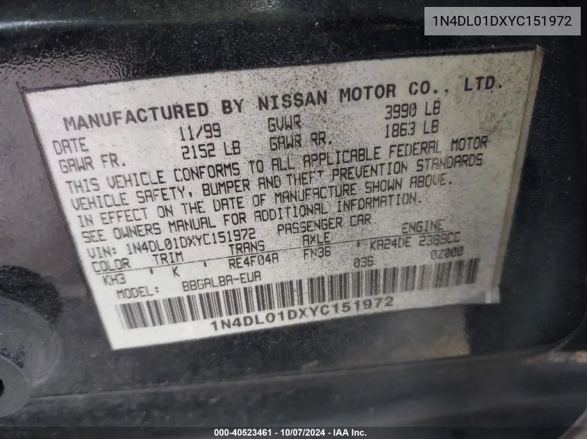 1N4DL01DXYC151972 2000 Nissan Altima Xe/Gxe/Se/Gle