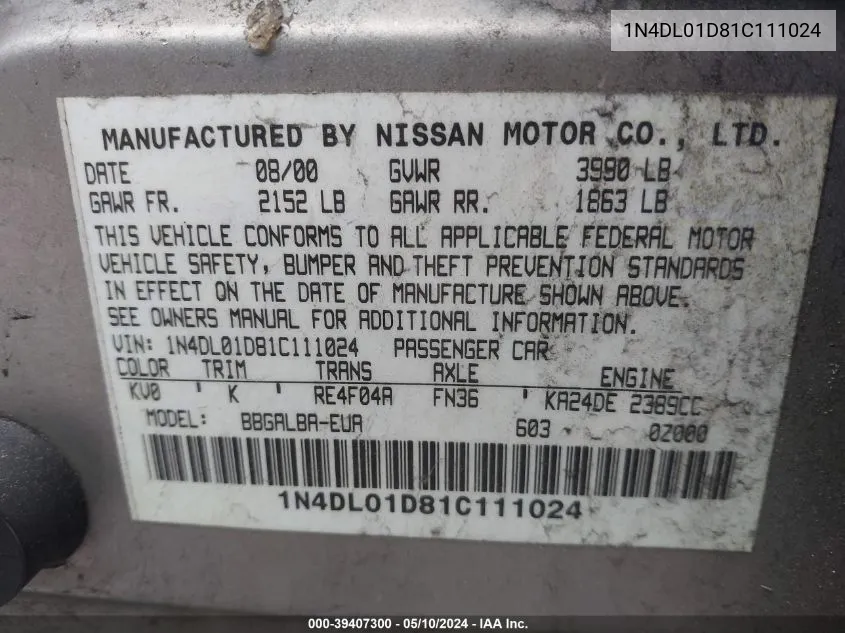 1N4DL01D81C111024 2001 Nissan Altima Gxe