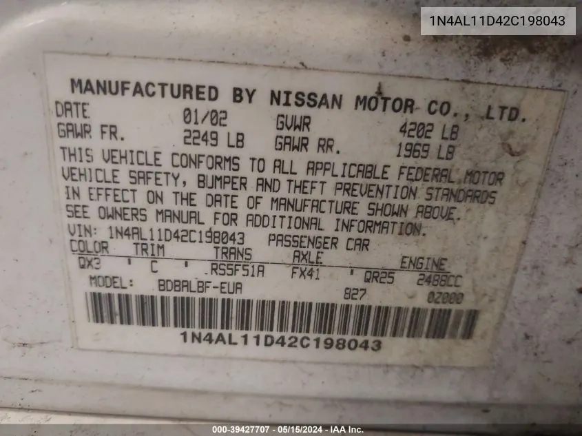 1N4AL11D42C198043 2002 Nissan Altima 2.5 S