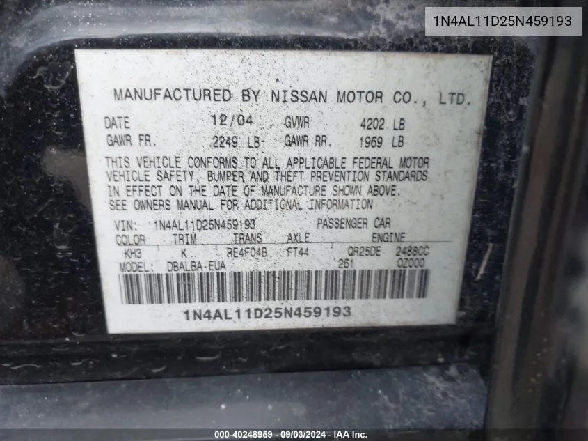 1N4AL11D25N459193 2005 Nissan Altima 2.5 S