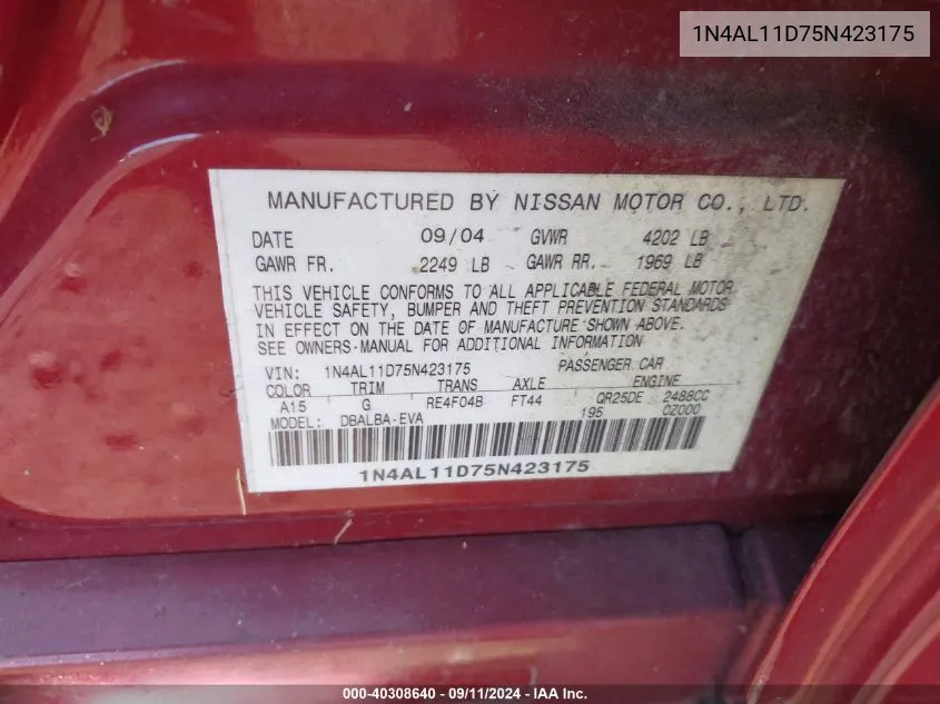 1N4AL11D75N423175 2005 Nissan Altima 2.5 S