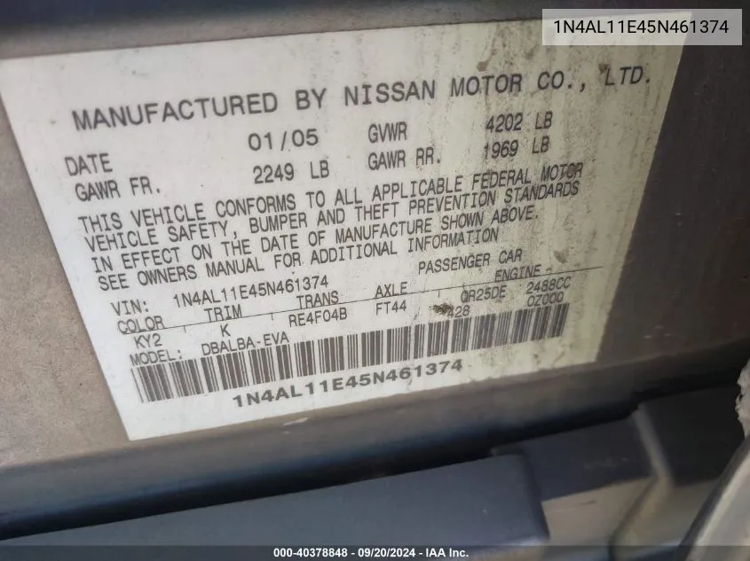 1N4AL11E45N461374 2005 Nissan Altima 2.5 S