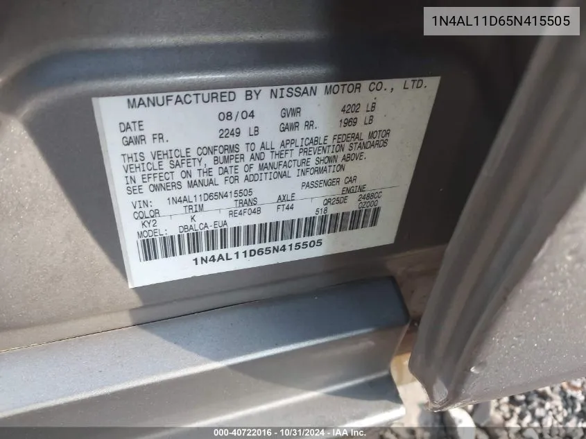 1N4AL11D65N415505 2005 Nissan Altima 2.5 S