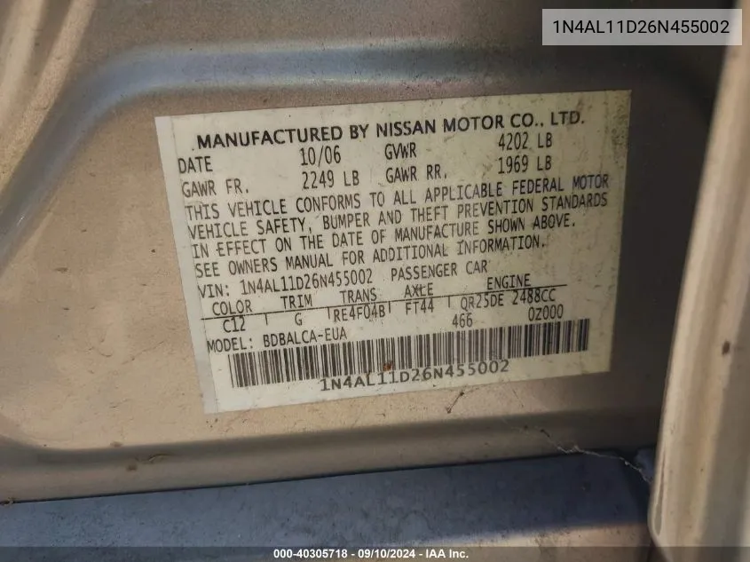 1N4AL11D26N455002 2006 Nissan Altima 2.5 S