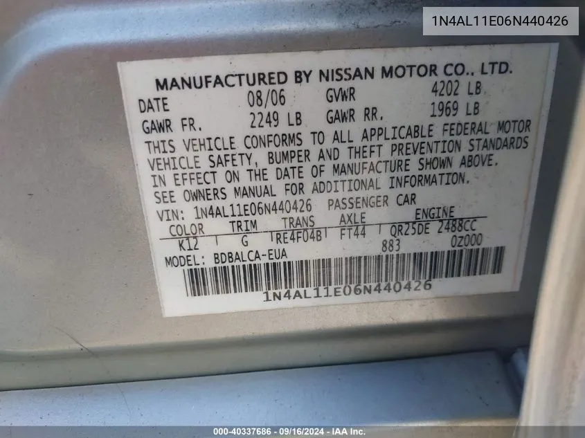 1N4AL11E06N440426 2006 Nissan Altima S/Sl