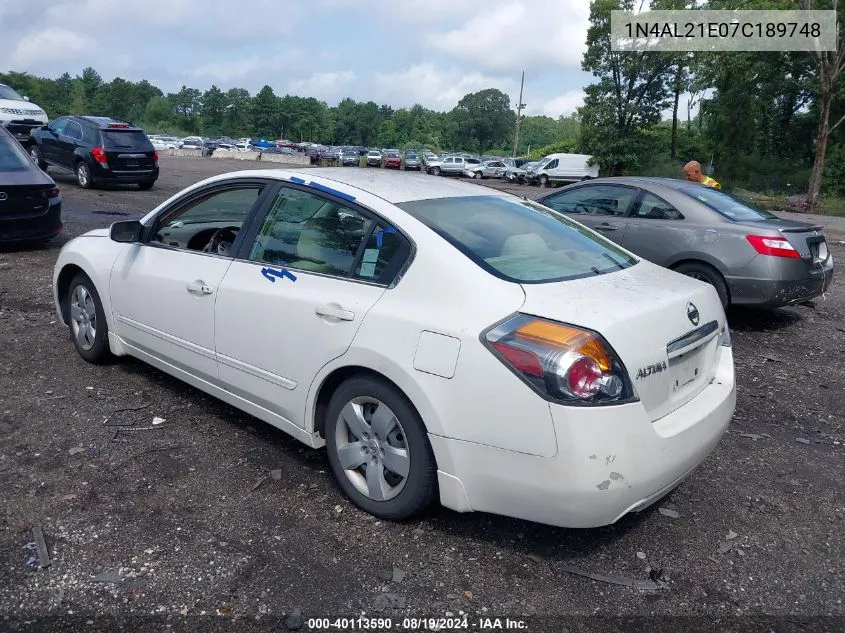 2007 Nissan Altima 2.5 S VIN: 1N4AL21E07C189748 Lot: 40113590