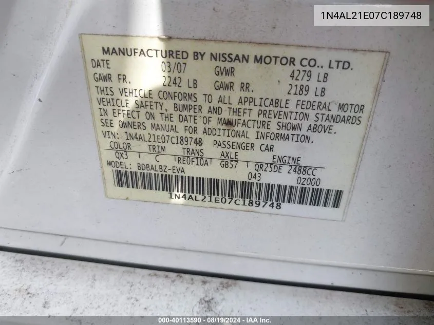 1N4AL21E07C189748 2007 Nissan Altima 2.5 S