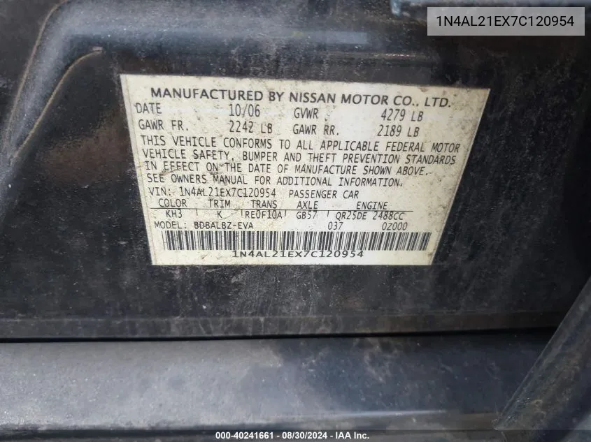 1N4AL21EX7C120954 2007 Nissan Altima 2.5 S