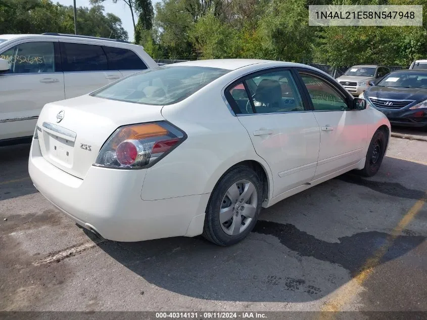 2008 Nissan Altima 2.5 S VIN: 1N4AL21E58N547948 Lot: 40314131