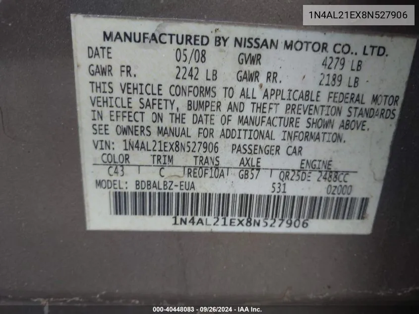 1N4AL21EX8N527906 2008 Nissan Altima 2.5 S