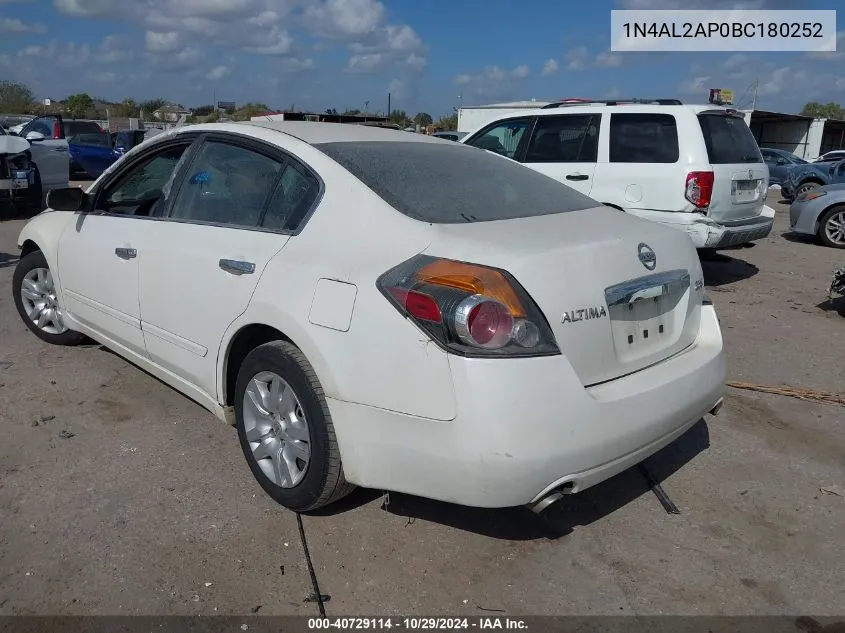 2011 Nissan Altima 2.5 S VIN: 1N4AL2AP0BC180252 Lot: 40729114