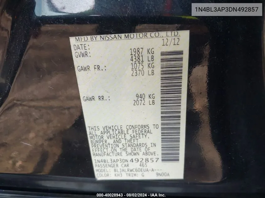 1N4BL3AP3DN492857 2013 Nissan Altima 3.5 S