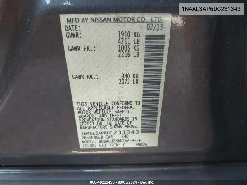 2013 Nissan Altima 2.5 Sv VIN: 1N4AL3AP6DC231343 Lot: 40222495