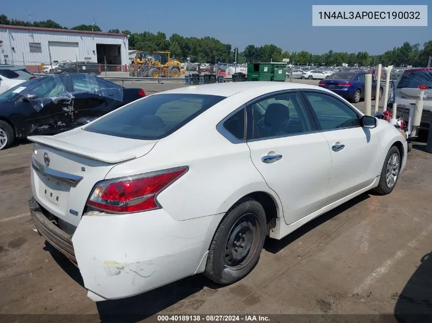 2014 Nissan Altima 2.5 S VIN: 1N4AL3AP0EC190032 Lot: 40189138