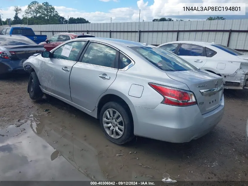 2014 Nissan Altima 2.5 S VIN: 1N4AL3AP8EC194801 Lot: 40306042