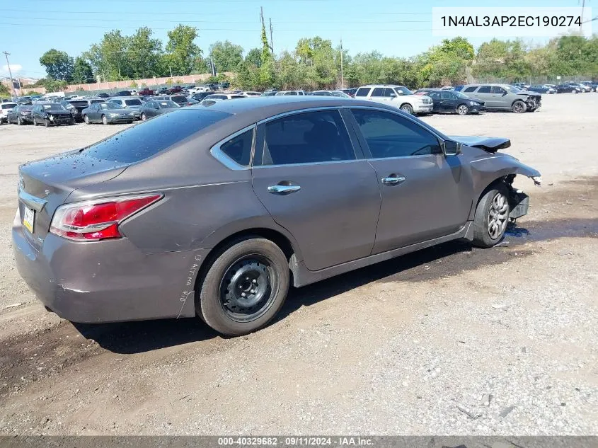 2014 Nissan Altima 2.5 S VIN: 1N4AL3AP2EC190274 Lot: 40329682