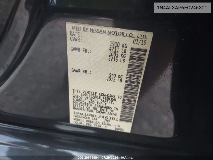 1N4AL3AP6FC246301 2015 Nissan Altima 2.5 S