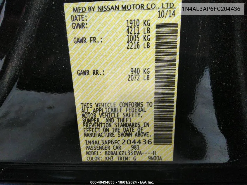 1N4AL3AP6FC204436 2015 Nissan Altima 2.5 Sv