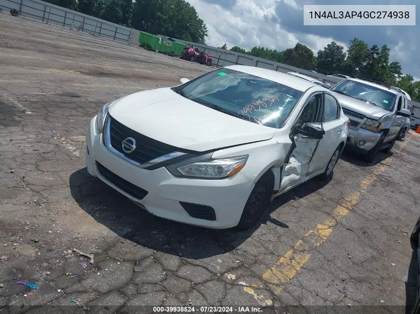 2016 Nissan Altima 2.5 S VIN: 1N4AL3AP4GC274938 Lot: 39938524