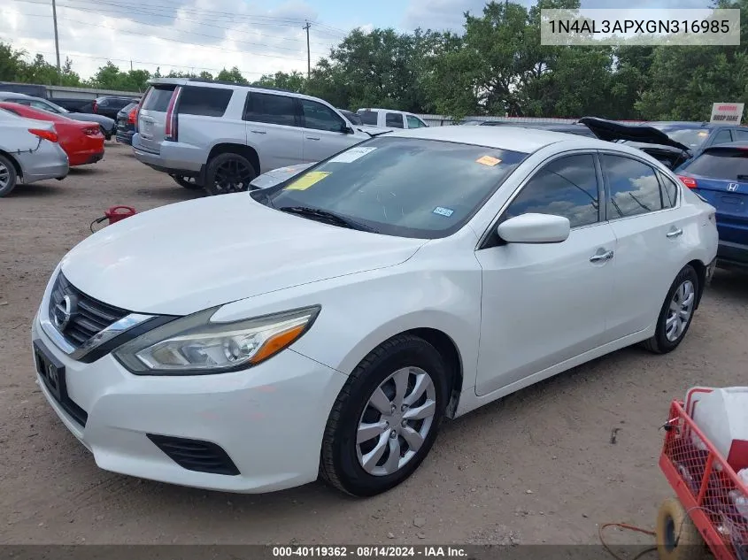 2016 Nissan Altima 2.5/2.5 S/2.5 Sl/2.5 Sr/2.5 Sv VIN: 1N4AL3APXGN316985 Lot: 40119362