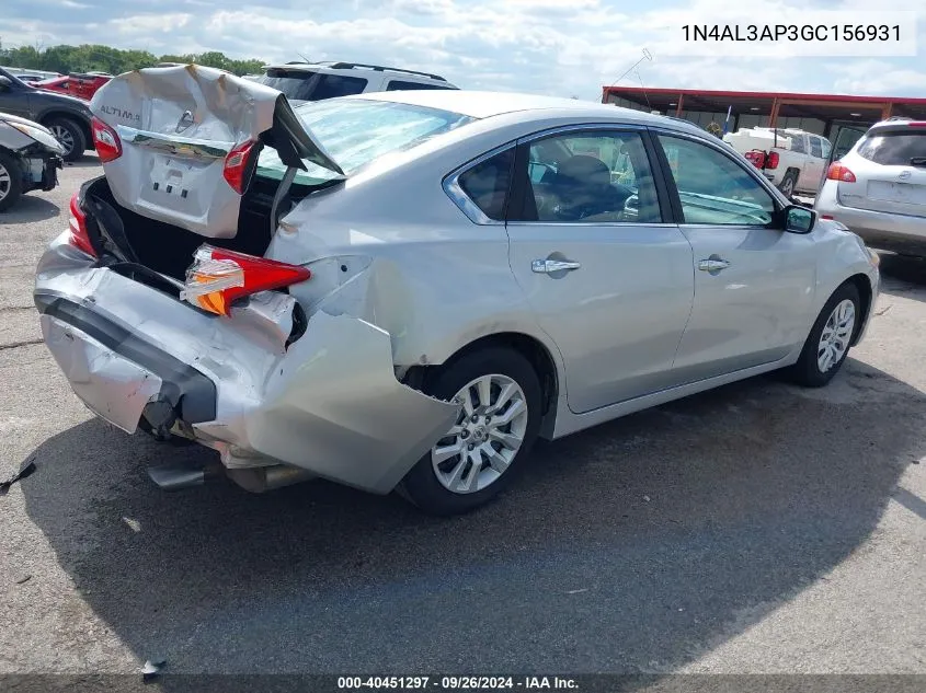 2016 Nissan Altima 2.5/2.5 S/2.5 Sl/2.5 Sr/2.5 Sv VIN: 1N4AL3AP3GC156931 Lot: 40451297